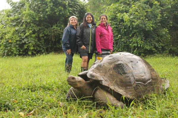 Guests with a Galapagos giant tortoise.