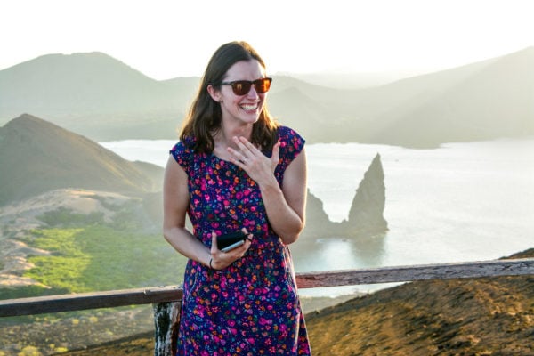A happy woman that got engaged at Bartolome Island during an excursion.